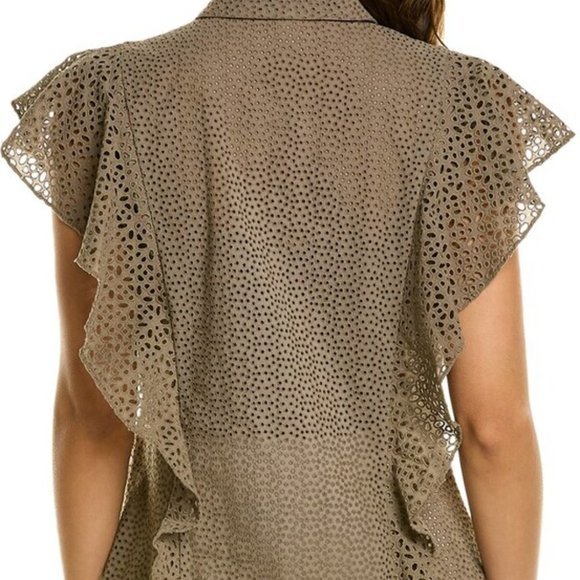 Theory Cotton Eyelet Ruffle Button up Top in Willow Shirt Petite - Picture 2 of 11